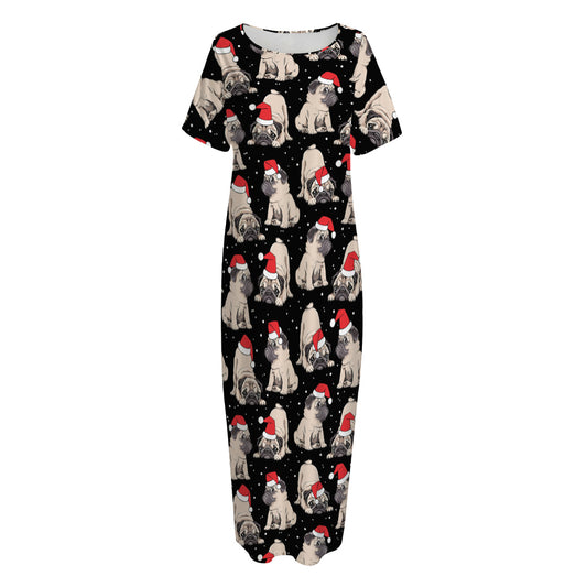 Christmas Santa Pug Pattern Print Short Sleeve Long Nightdress