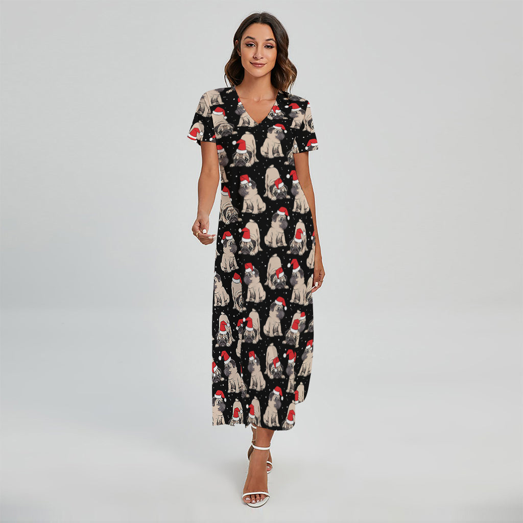 Christmas Santa Pug Pattern Print Short Sleeve Maxi Dress