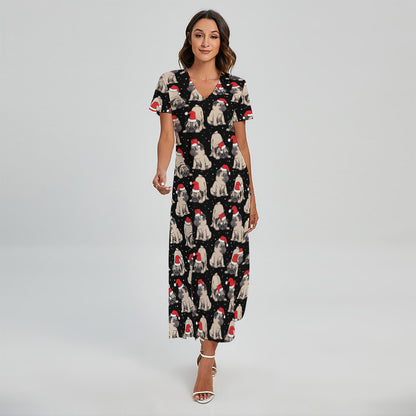 Christmas Santa Pug Pattern Print Short Sleeve Maxi Dress