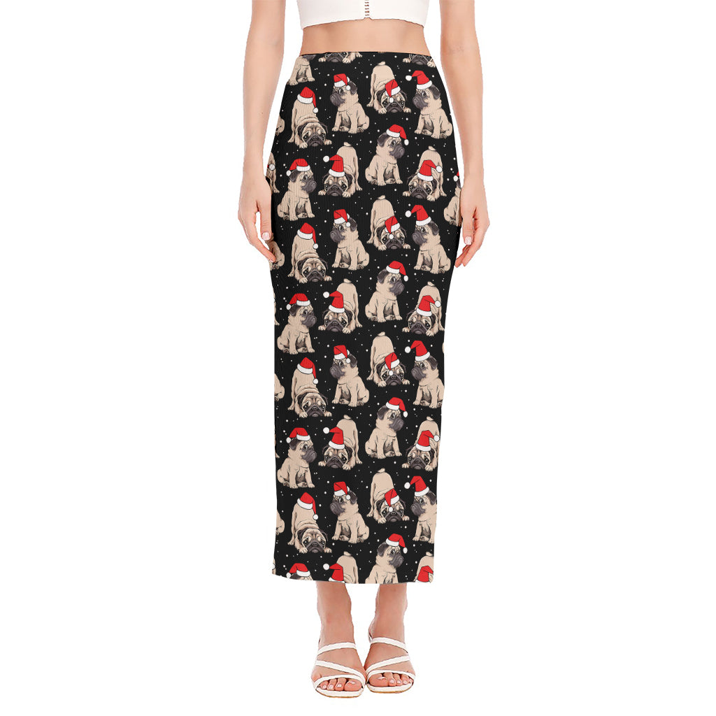 Christmas Santa Pug Pattern Print Side Slit Maxi Skirt