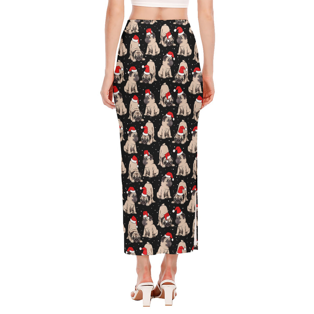 Christmas Santa Pug Pattern Print Side Slit Maxi Skirt
