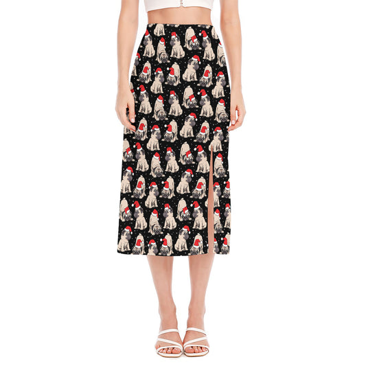 Christmas Santa Pug Pattern Print Side Slit Midi Skirt