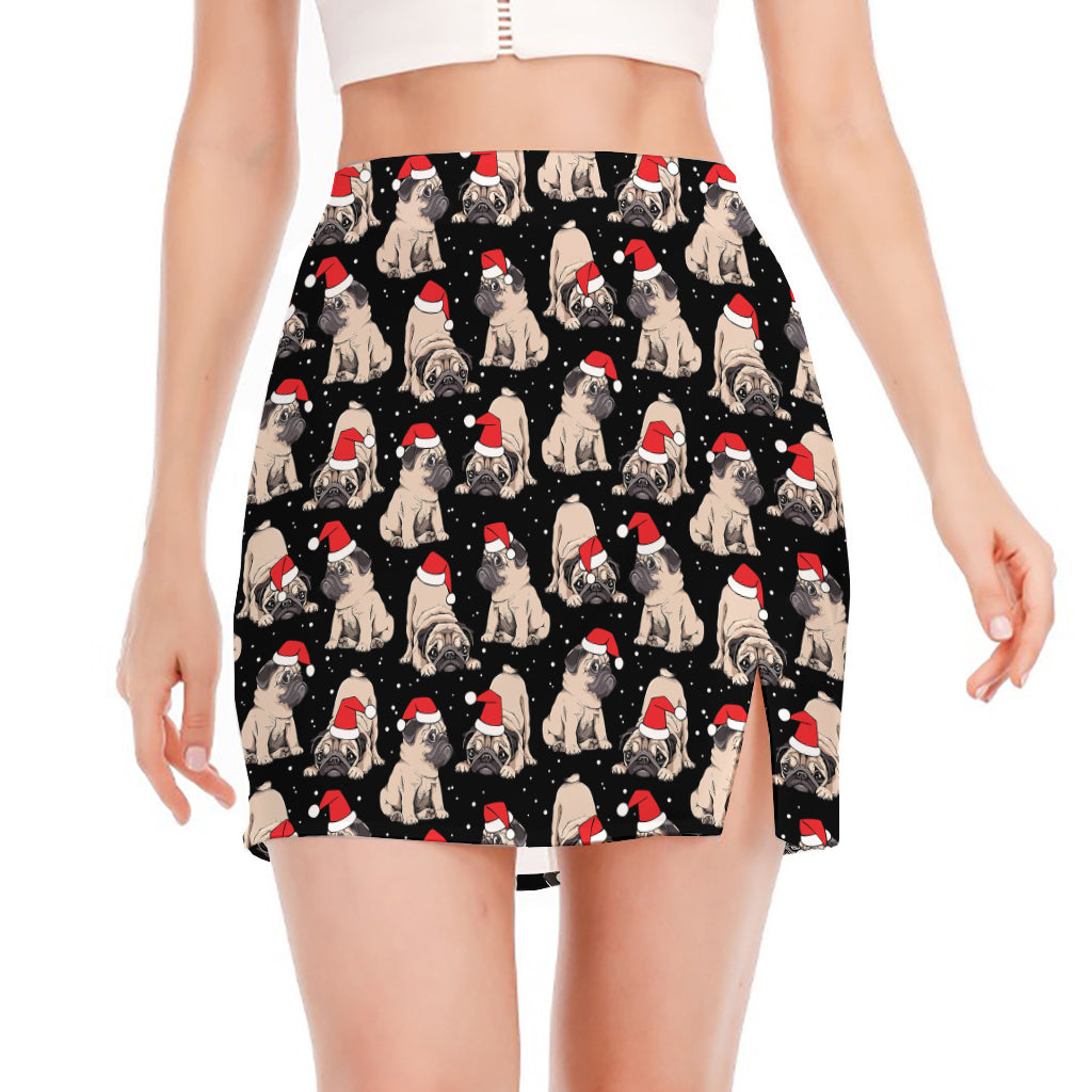 Christmas Santa Pug Pattern Print Side Slit Mini Skirt