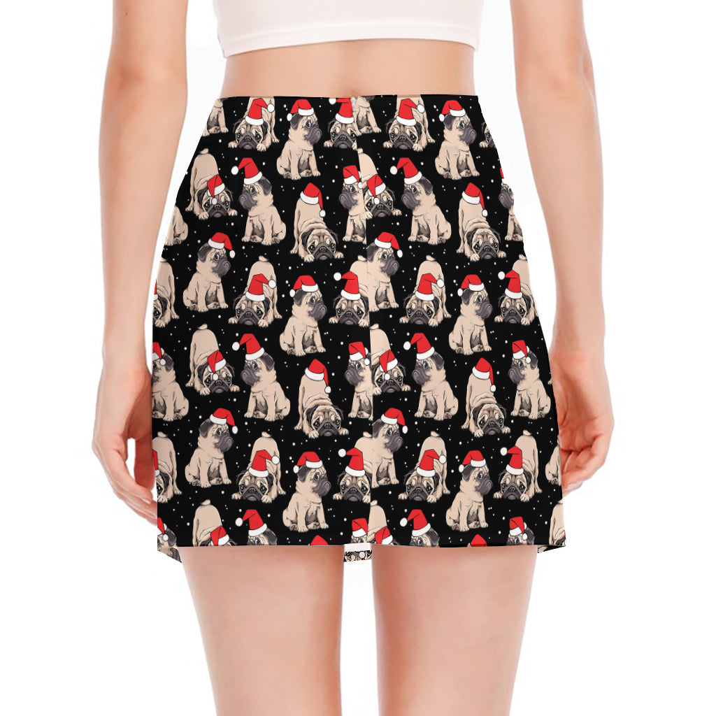 Christmas Santa Pug Pattern Print Side Slit Mini Skirt