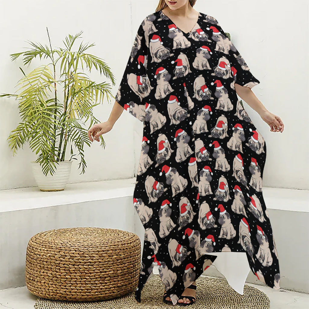 Christmas Santa Pug Pattern Print Silk V-Neck Kaftan Dress