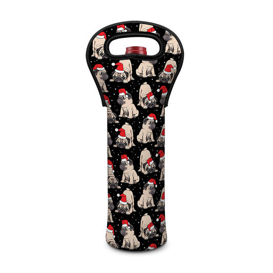 Christmas Santa Pug Pattern Print Single Neoprene Wine Tote