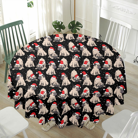 Christmas Santa Pug Pattern Print Waterproof Round Tablecloth