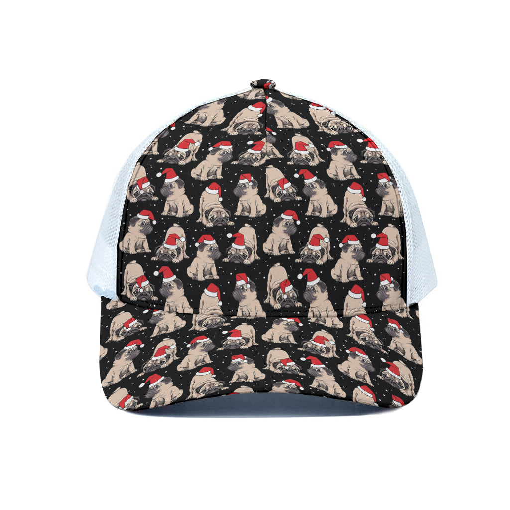 Christmas Santa Pug Pattern Print White Mesh Trucker Cap