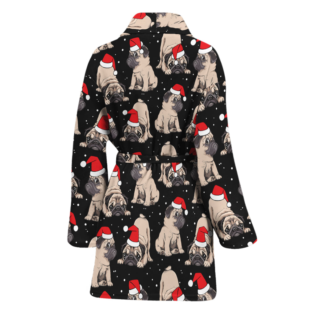 Christmas Santa Pug Pattern Print Women's Bathrobe