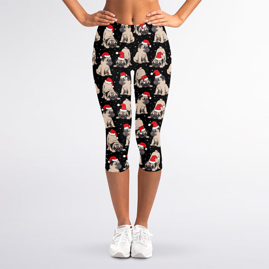 Christmas Santa Pug Pattern Print Women's Capri Leggings