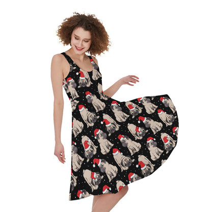 Christmas Santa Pug Pattern Print Women's Sleeveless Dress