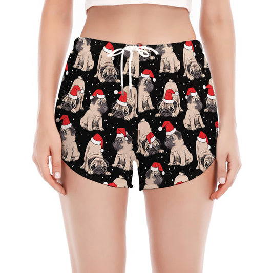 Christmas Santa Pug Pattern Print Women's Split Running Shorts