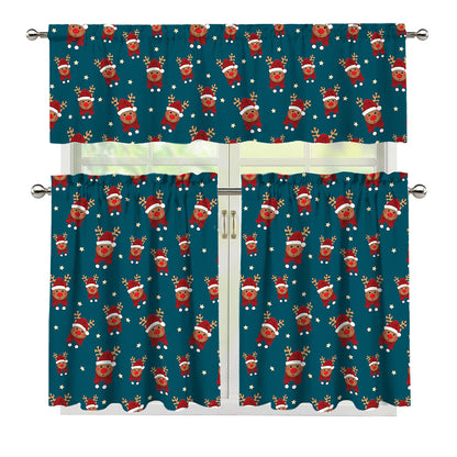 Christmas Santa Reindeer Pattern Print 3 Piece Kitchen Curtains