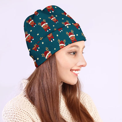 Christmas Santa Reindeer Pattern Print Beanie