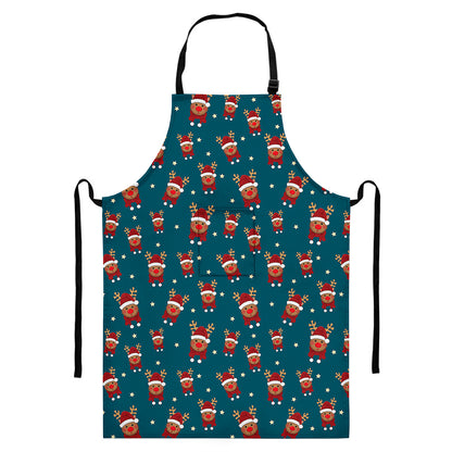 Christmas Santa Reindeer Pattern Print Bib Apron With Pocket