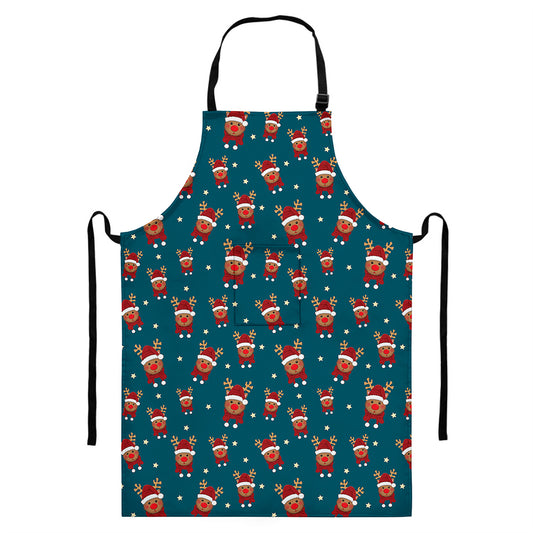 Christmas Santa Reindeer Pattern Print Bib Apron With Pocket
