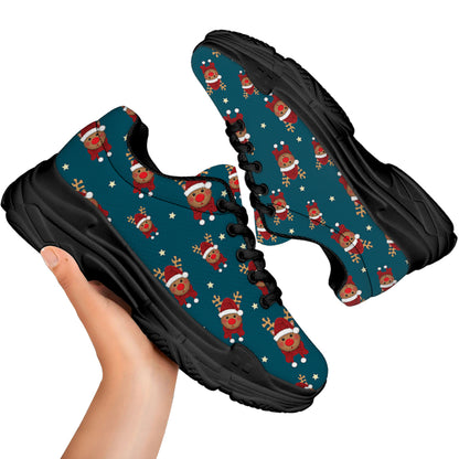 Christmas Santa Reindeer Pattern Print Black Chunky Shoes