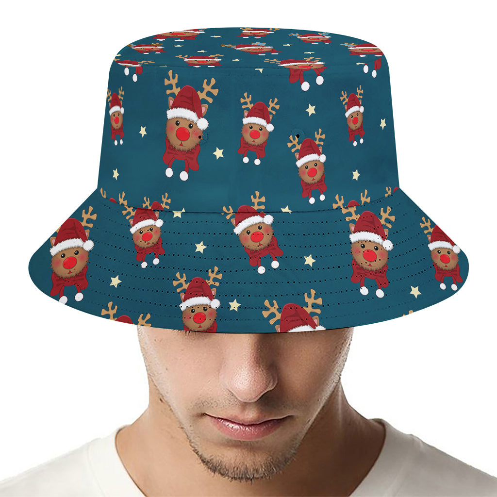 Christmas Santa Reindeer Pattern Print Bucket Hat