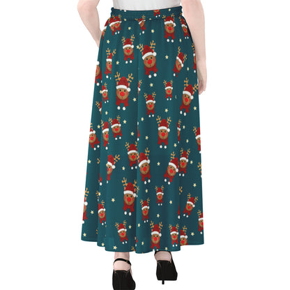 Christmas Santa Reindeer Pattern Print Chiffon Maxi Skirt