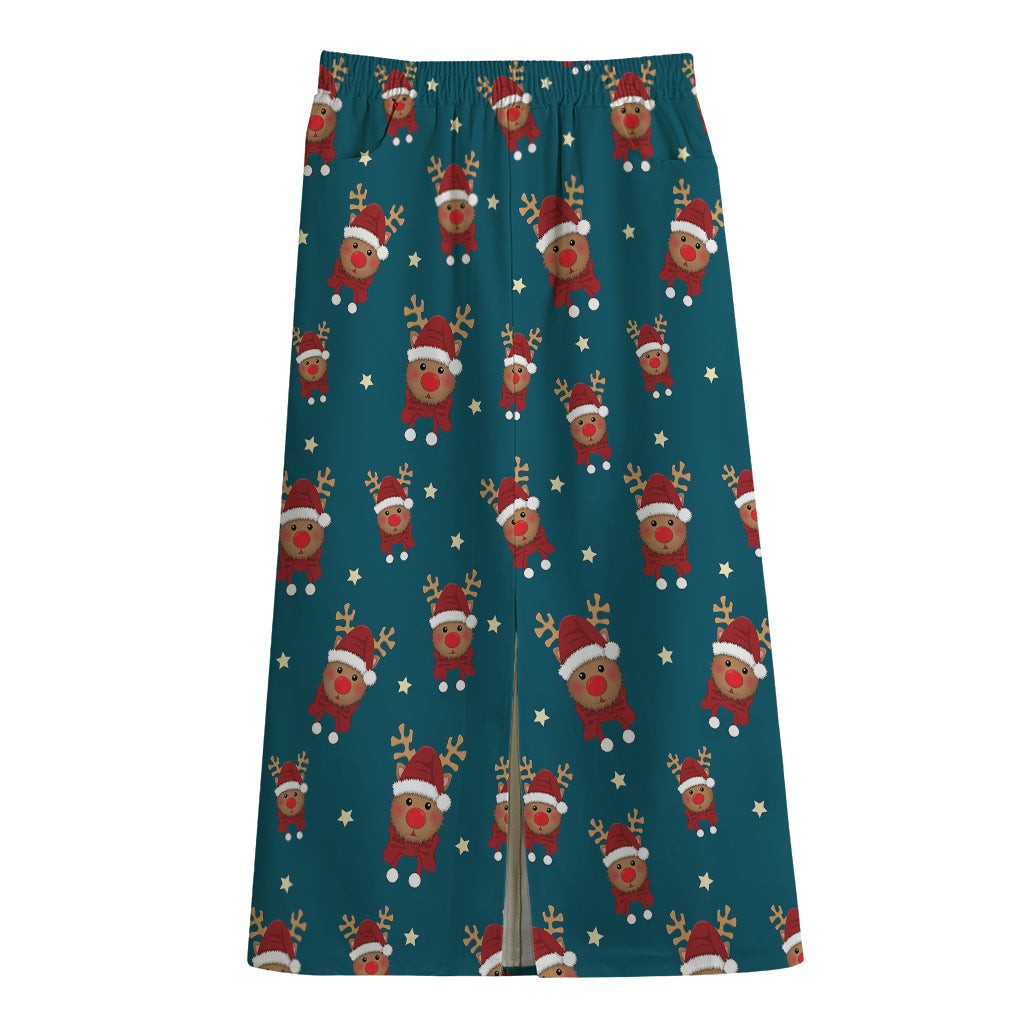 Christmas Santa Reindeer Pattern Print Cotton Front Slit Maxi Skirt