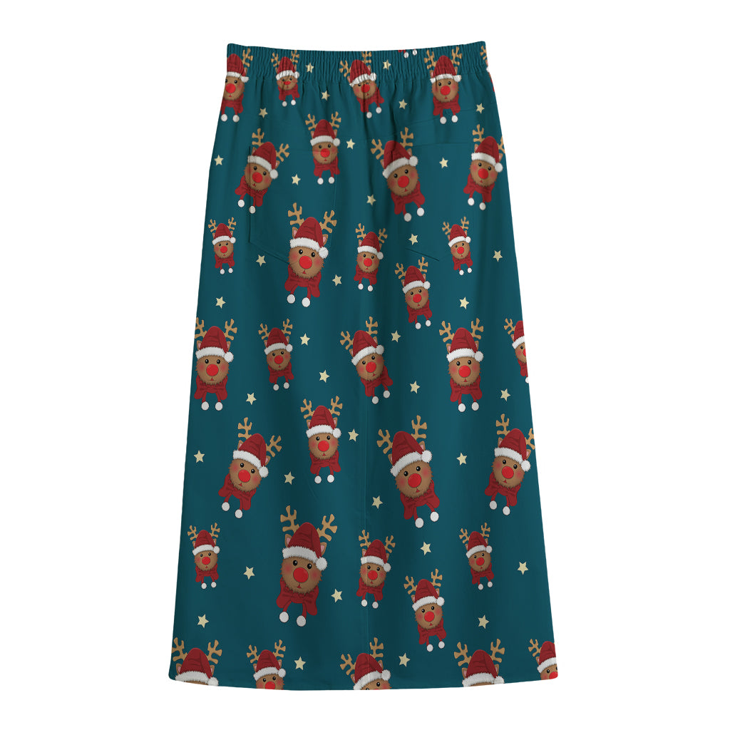 Christmas Santa Reindeer Pattern Print Cotton Front Slit Maxi Skirt