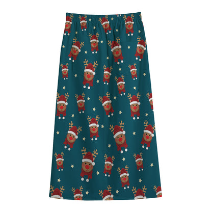 Christmas Santa Reindeer Pattern Print Cotton Front Slit Maxi Skirt
