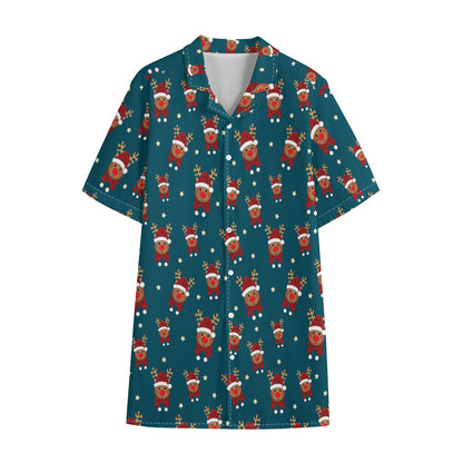 Christmas Santa Reindeer Pattern Print Cotton Hawaiian Shirt