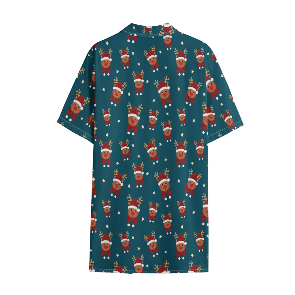 Christmas Santa Reindeer Pattern Print Cotton Hawaiian Shirt