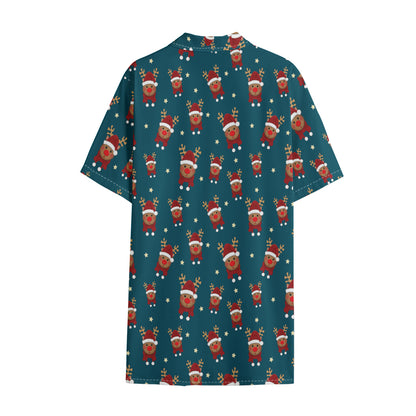 Christmas Santa Reindeer Pattern Print Cotton Hawaiian Shirt