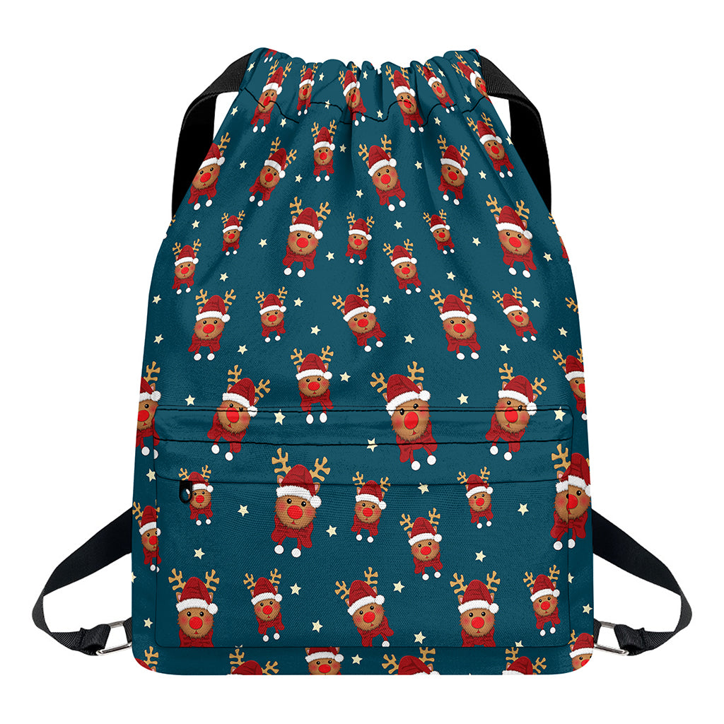 Christmas Santa Reindeer Pattern Print Drawstring Backpack