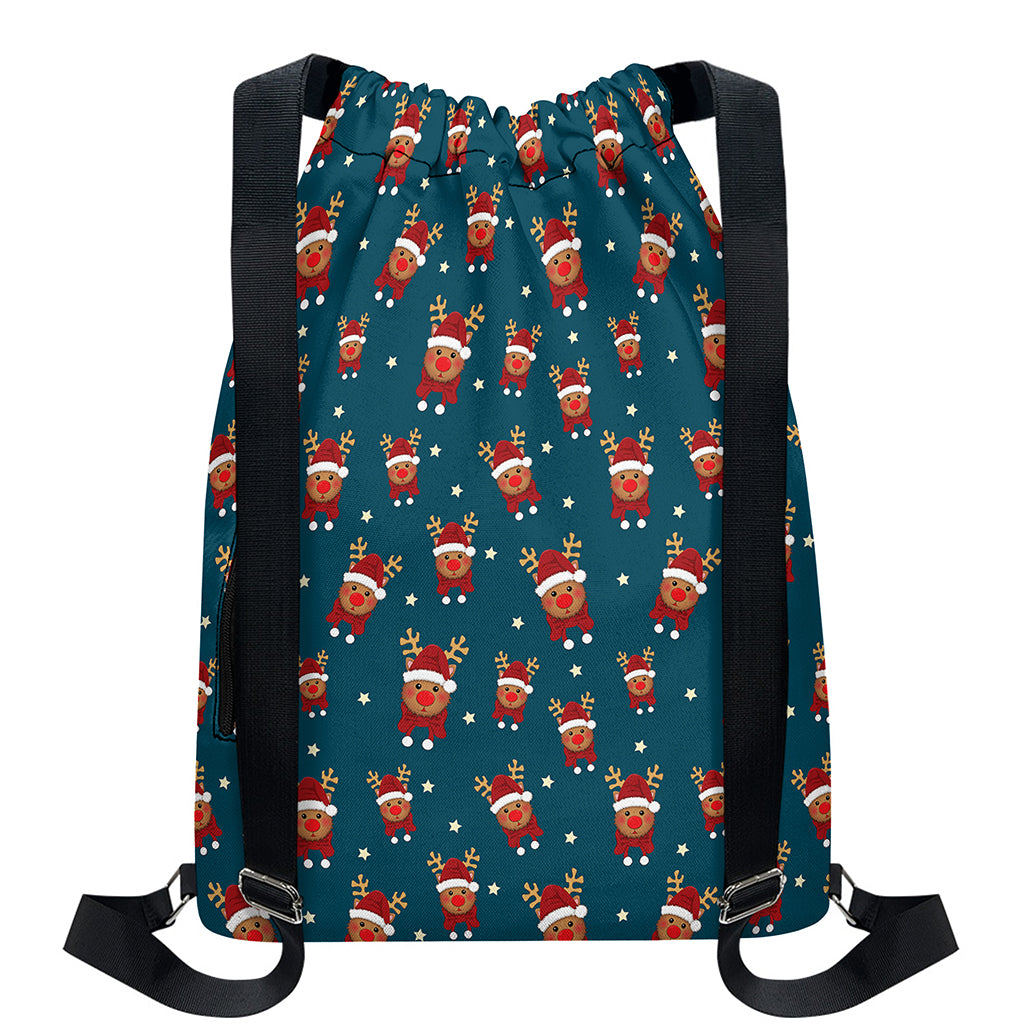 Christmas Santa Reindeer Pattern Print Drawstring Backpack