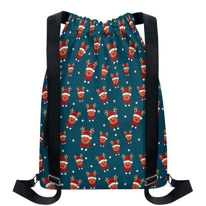 Christmas Santa Reindeer Pattern Print Drawstring Backpack