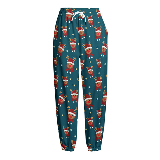 Christmas Santa Reindeer Pattern Print Fleece Lined Knit Pants