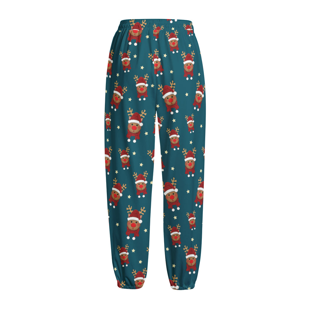 Christmas Santa Reindeer Pattern Print Fleece Lined Knit Pants