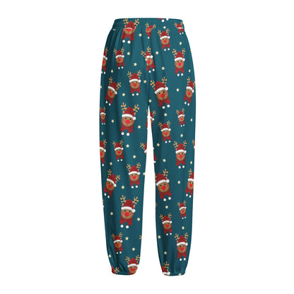 Christmas Santa Reindeer Pattern Print Fleece Lined Knit Pants