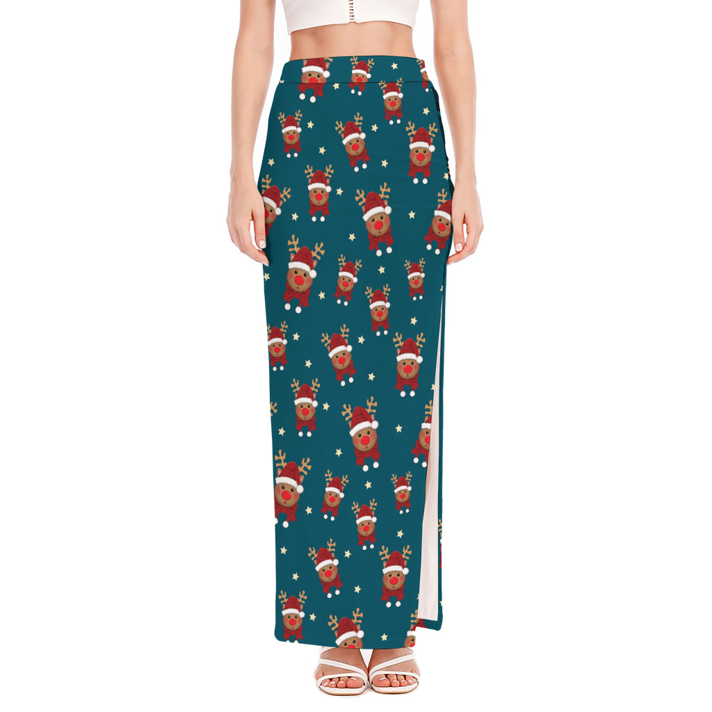 Christmas Santa Reindeer Pattern Print High Slit Maxi Skirt