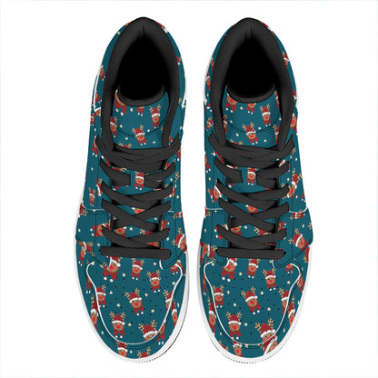 Christmas Santa Reindeer Pattern Print High Top Leather Sneakers