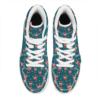 Christmas Santa Reindeer Pattern Print High Top Leather Sneakers