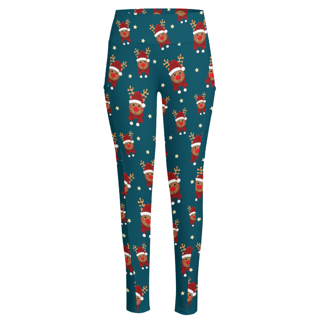 Christmas Santa Reindeer Pattern Print High-Waisted Pocket Leggings