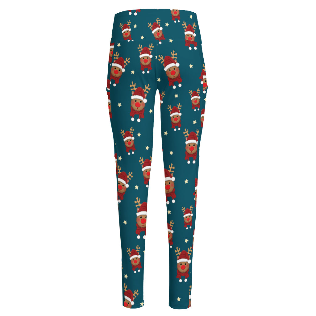 Christmas Santa Reindeer Pattern Print High-Waisted Pocket Leggings