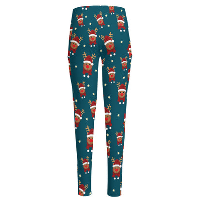 Christmas Santa Reindeer Pattern Print High-Waisted Pocket Leggings