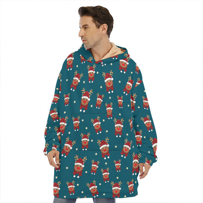 Christmas Santa Reindeer Pattern Print Hoodie Blanket