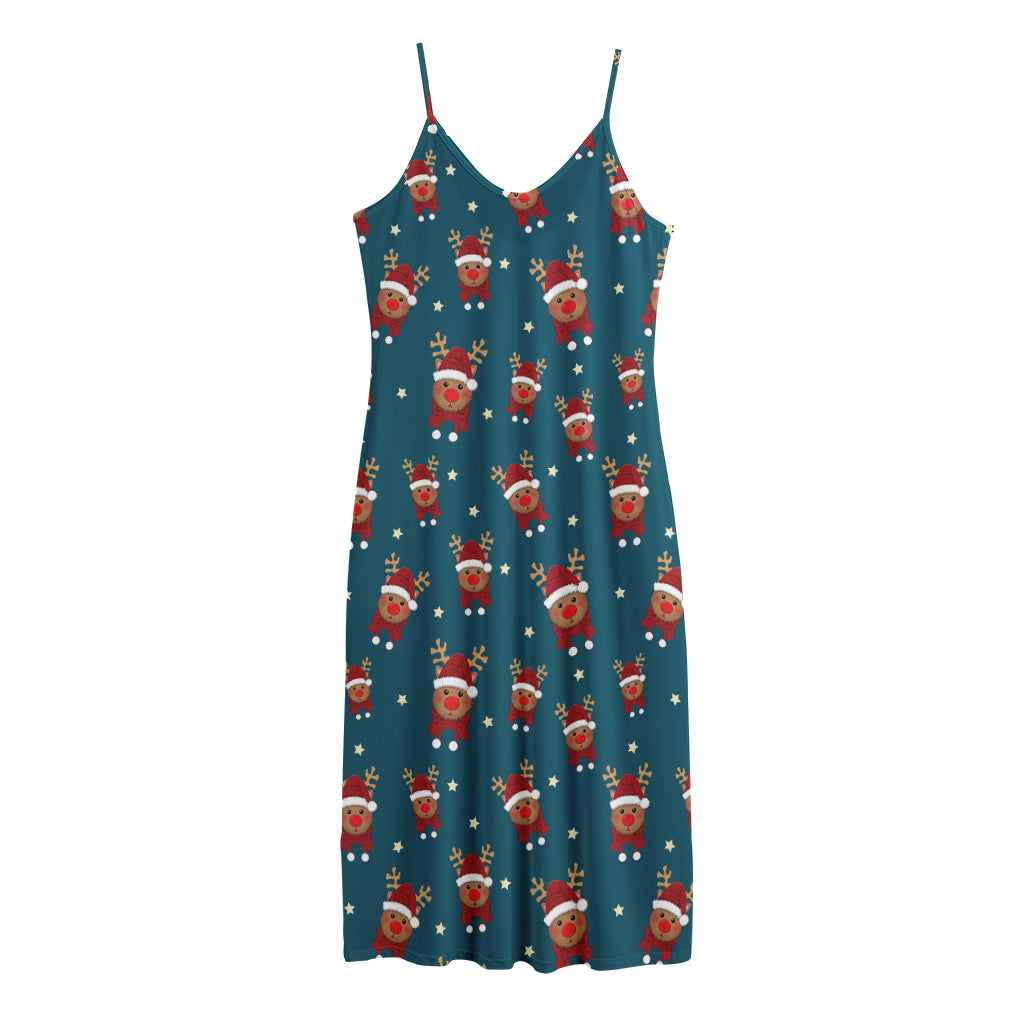 Christmas Santa Reindeer Pattern Print Jersey Midi Cami Dress