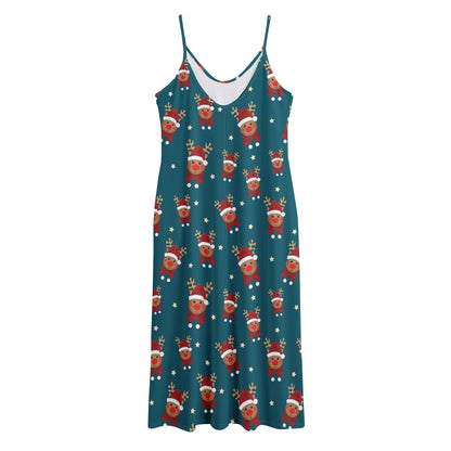 Christmas Santa Reindeer Pattern Print Jersey Midi Cami Dress
