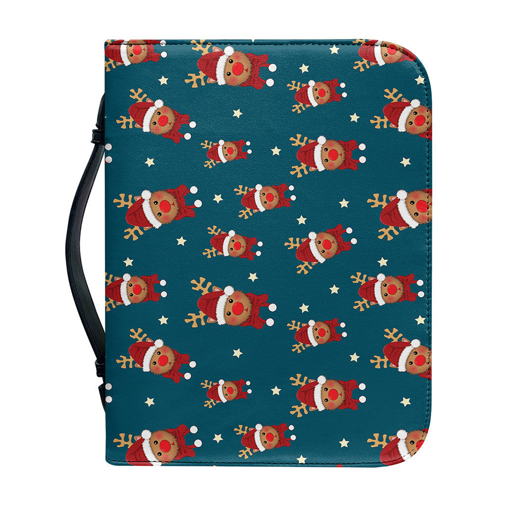 Christmas Santa Reindeer Pattern Print Leather Bible Cover