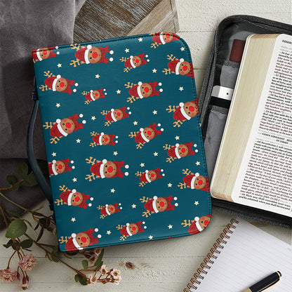 Christmas Santa Reindeer Pattern Print Leather Bible Cover