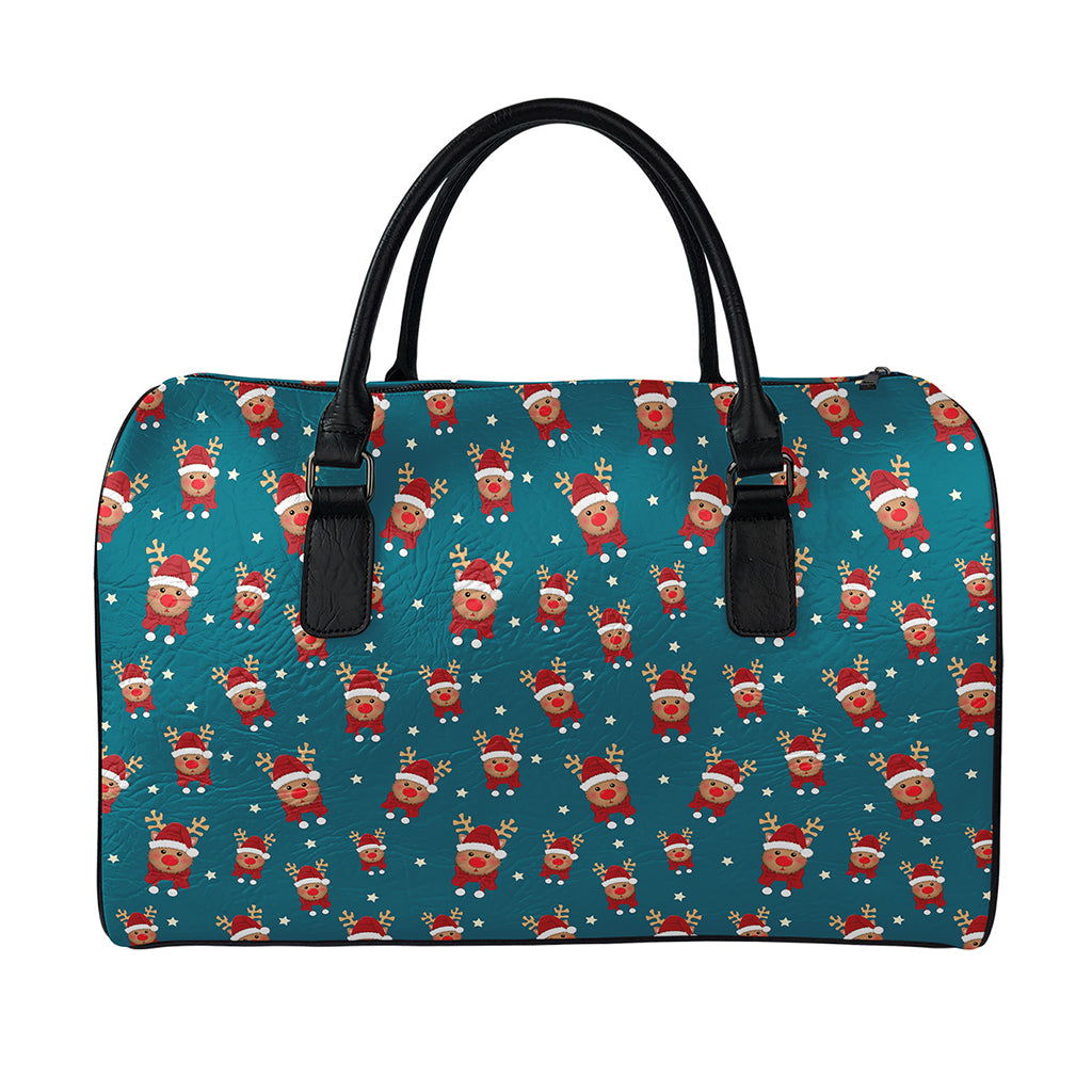 Christmas Santa Reindeer Pattern Print Leather Duffle Bag