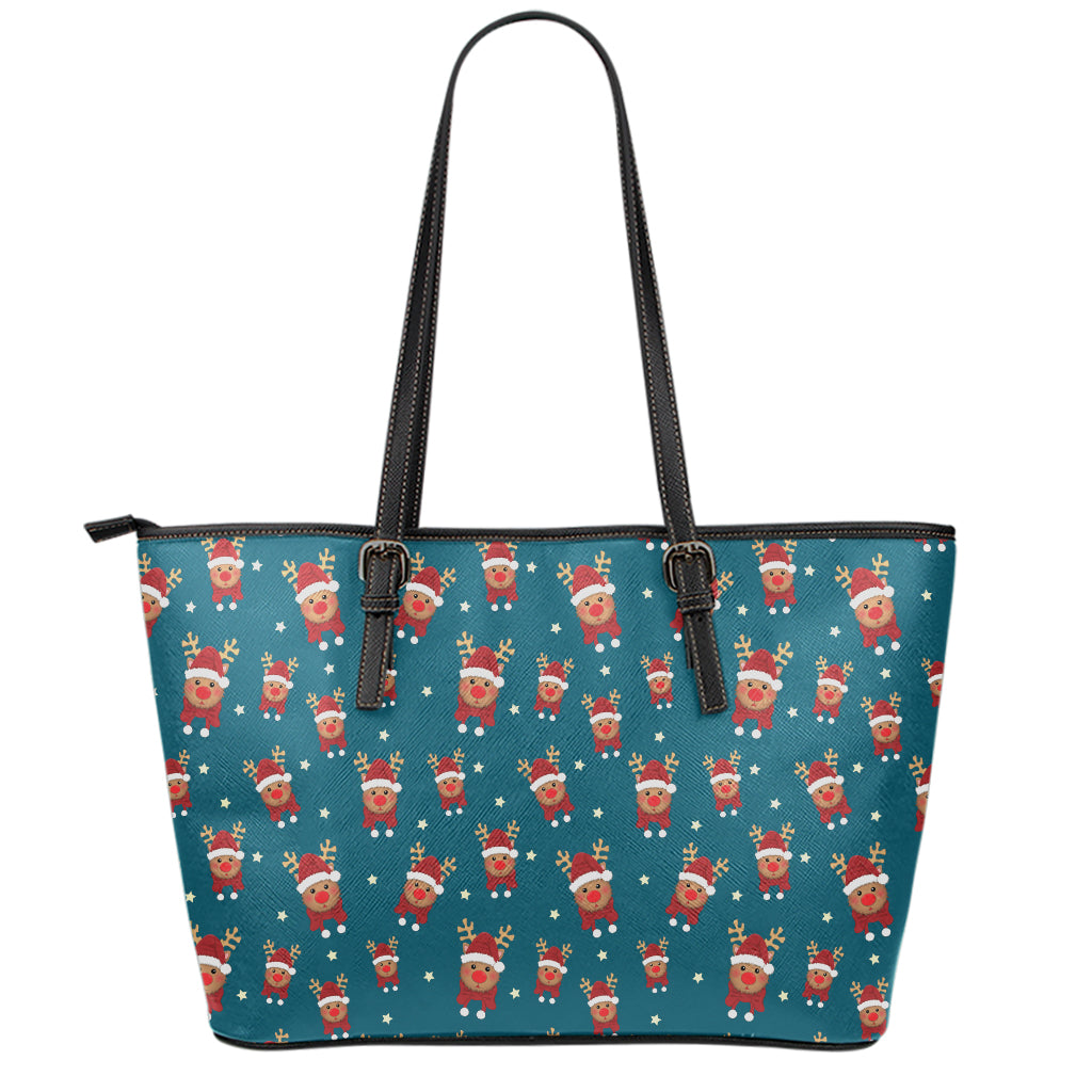 Christmas Santa Reindeer Pattern Print Leather Tote Bag