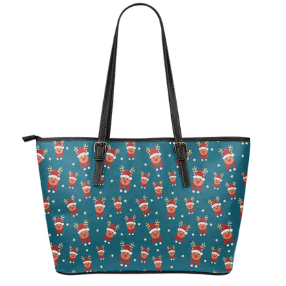 Christmas Santa Reindeer Pattern Print Leather Tote Bag