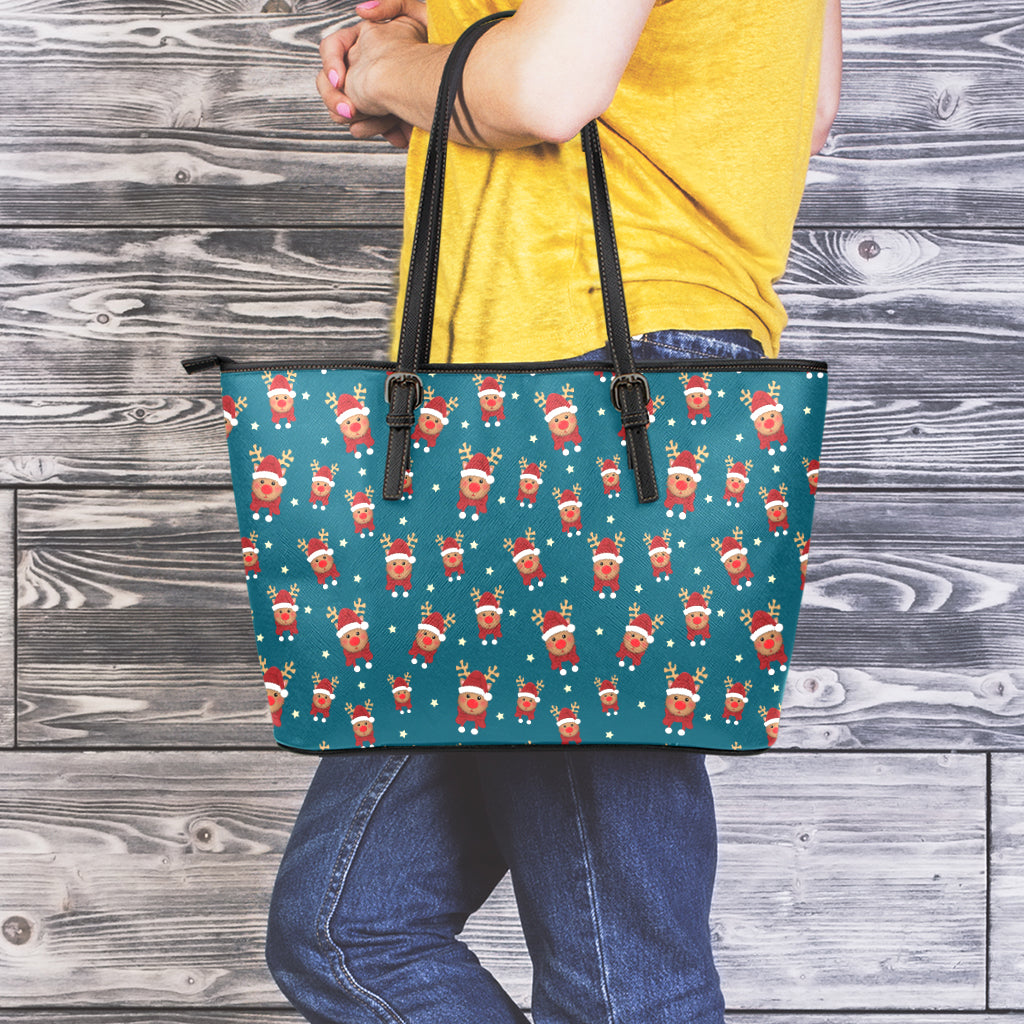 Christmas Santa Reindeer Pattern Print Leather Tote Bag
